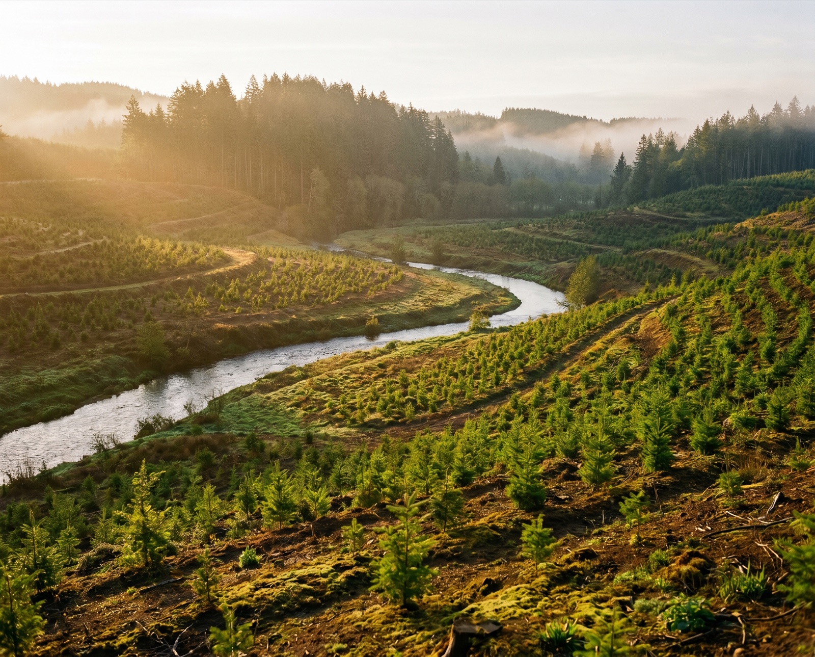 A restored river valley at golden hour, with young native tree plantings on the recovering slopes