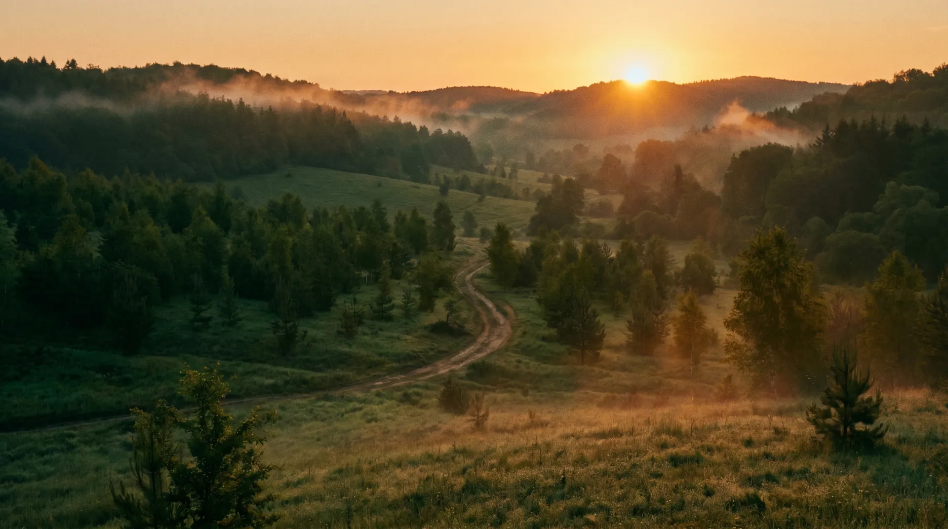 A path winding through a green valley toward the sunrise
