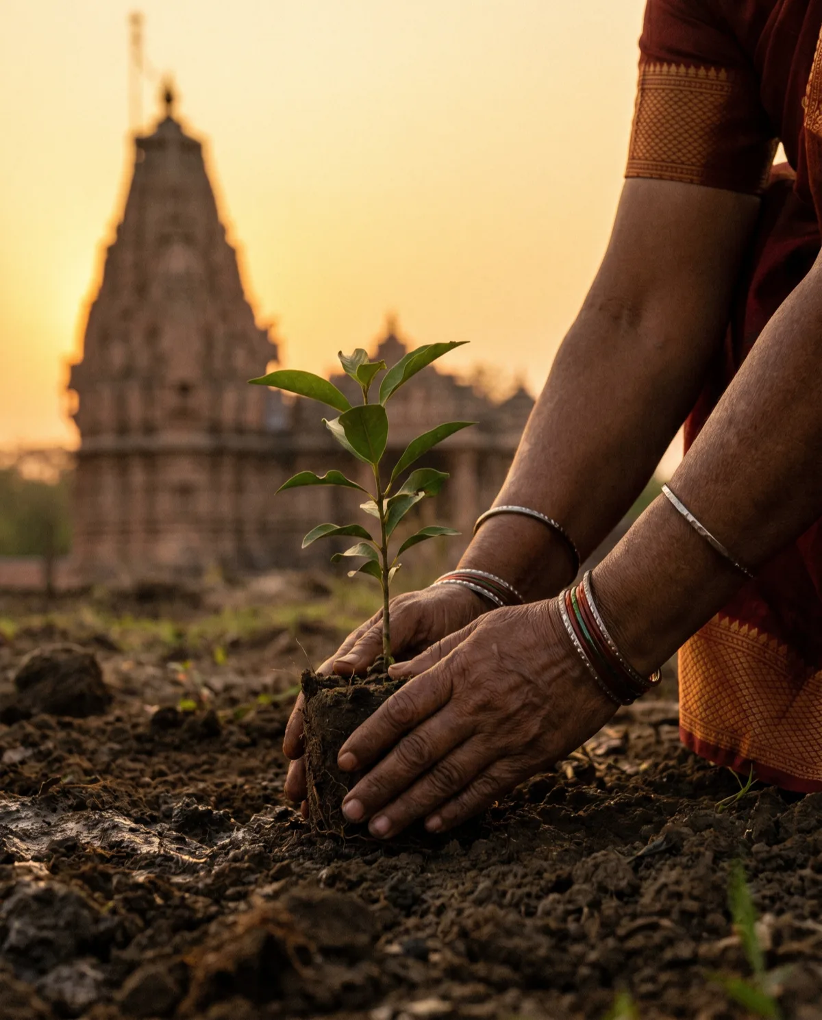 The hands of an Indian woman planting a tree seedling, a Hindu temple in the distance